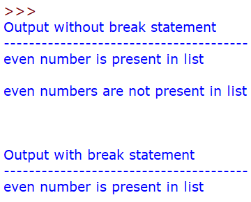 Output of for else loop with and without break statement