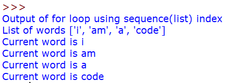 Output of for loop using sequence index
