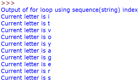 Output of for loop using string