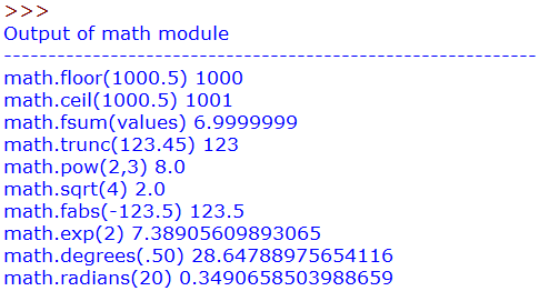 Output of built-in modules-math 
